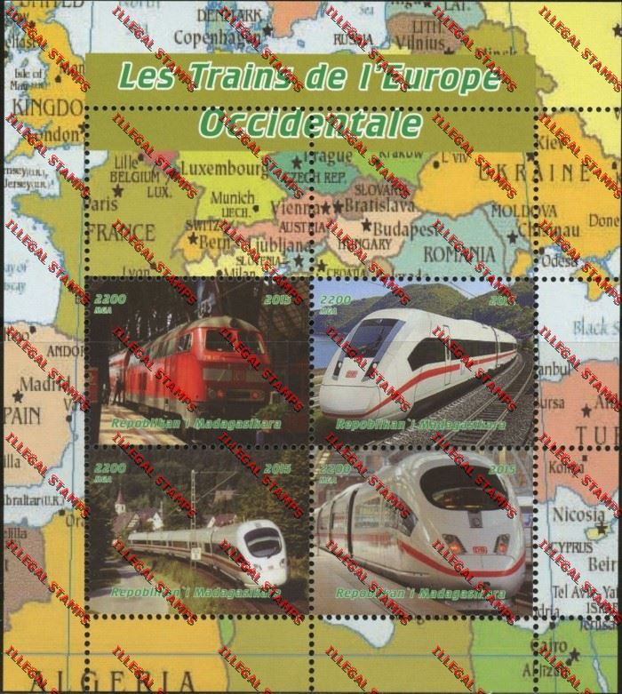 Madagascar 2015 Trains of Europe Illegal Stamp Souvenir Sheetlet Madagascar 2015 Trains of Europe Illegal Stamp Souvenir Sheetlet