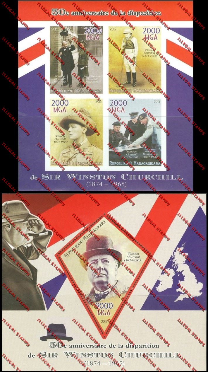 Madagascar 2015 Sir Winston Churchill Illegal Stamp Souvenir Sheet and Sheetlet Madagascar 2015 Sir Winston Churchill Illegal Stamp Souvenir Sheet and Sheetlet