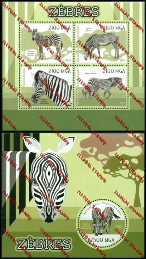 Madagascar 2015 Zebras Illegal Stamp Souvenir Sheet and Sheetlet Madagascar 2015 Zebras Illegal Stamp Souvenir Sheet and Sheetlet
