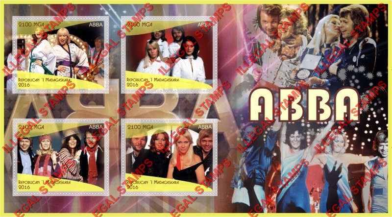 Madagascar 2016 ABBA Illegal Stamp Souvenir Sheet of 4 Madagascar 2016 ABBA Illegal Stamp Souvenir Sheet of 4