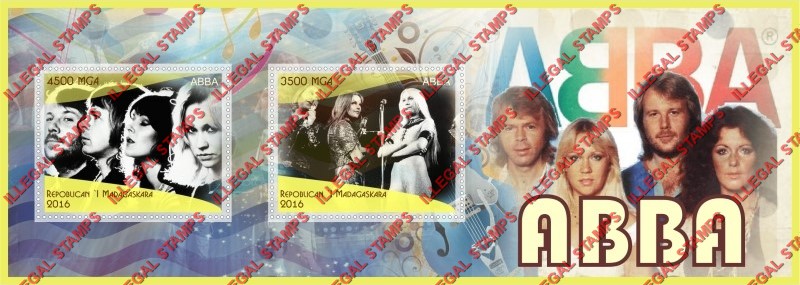 Madagascar 2016 ABBA Illegal Stamp Souvenir Sheet of 2 Madagascar 2016 ABBA Illegal Stamp Souvenir Sheet of 2