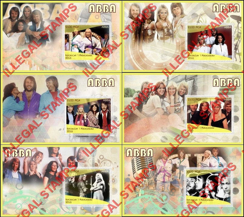 Madagascar 2016 ABBA Illegal Stamp Souvenir Sheets of 1 Madagascar 2016 ABBA Illegal Stamp Souvenir Sheets of 1