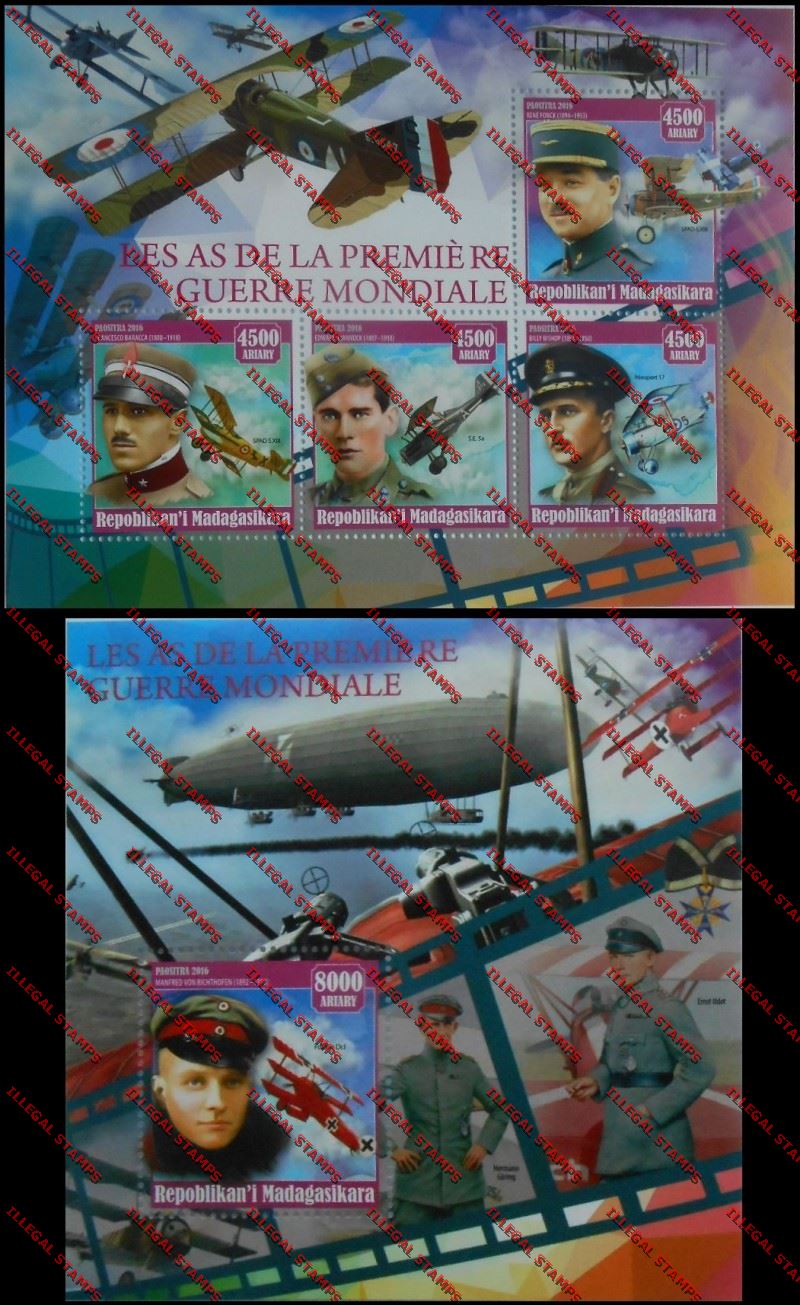 Madagascar 2016 The Aces of the First World War Illegal Stamp Souvenir Sheets of 4 and 1 Madagascar 2016 The Aces of the First World War Illegal Stamp Souvenir Sheets of 4 and 1