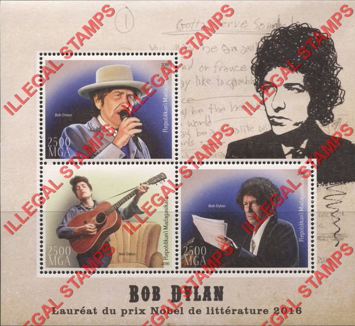 Madagascar 2016 Bob Dylan Illegal Stamp Souvenir Sheet of 3 Madagascar 2016 Bob Dylan Illegal Stamp Souvenir Sheet of 3