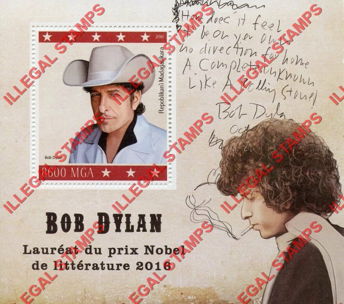 Madagascar 2016 Bob Dylan Illegal Stamp Souvenir Sheet of 1 Madagascar 2016 Bob Dylan Illegal Stamp Souvenir Sheet of 1
