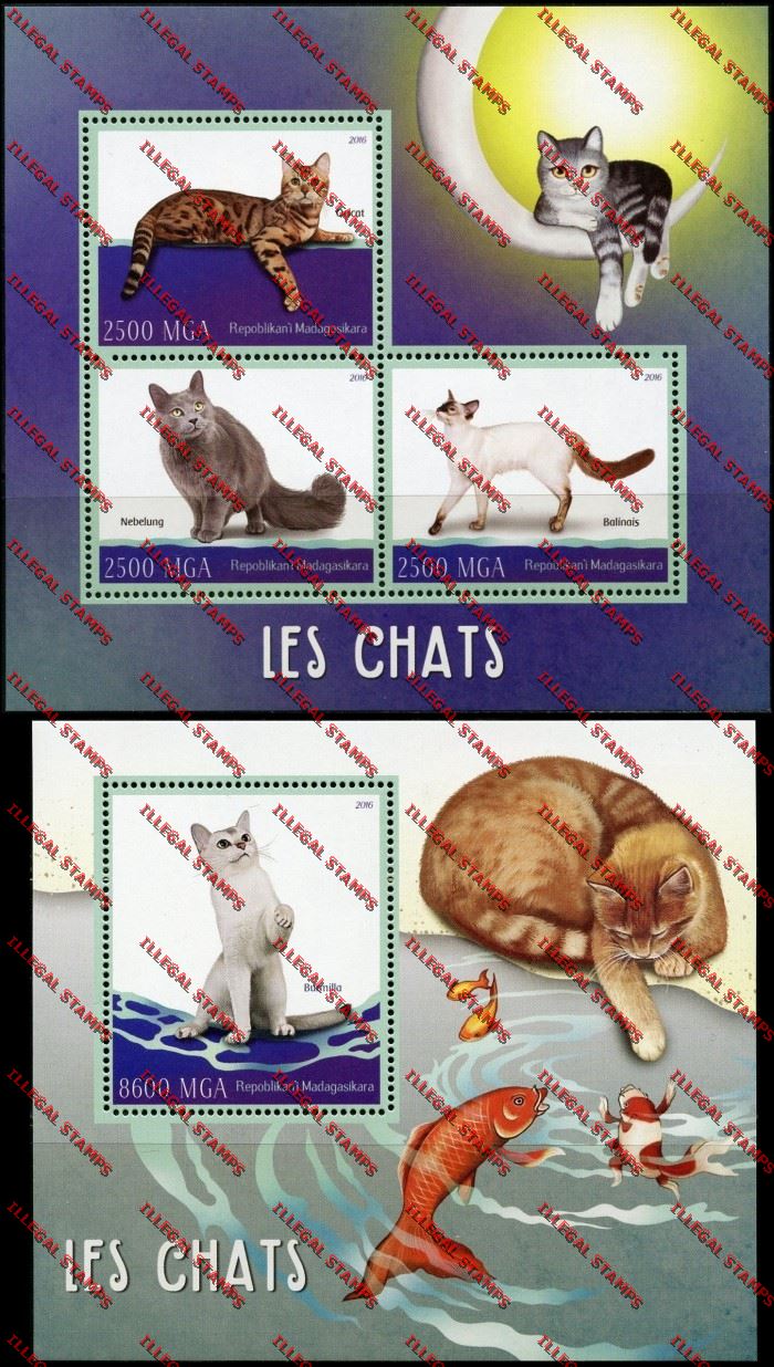 Madagascar 2016 Cats Illegal Stamp Souvenir Sheets of 3 and 1 Madagascar 2016 Cats Illegal Stamp Souvenir Sheets of 3 and 1