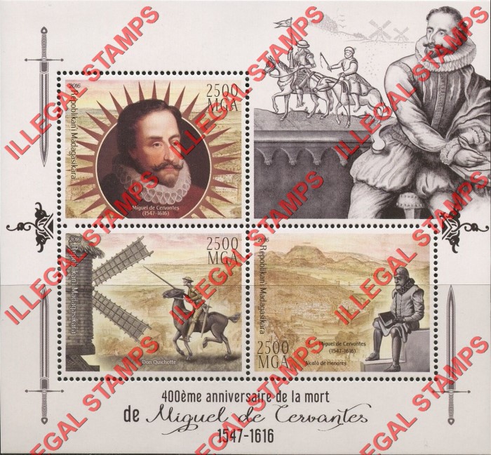 Madagascar 2016 Miguel de Cervantes Illegal Stamp Souvenir Sheet of 3 Madagascar 2016 Miguel de Cervantes Illegal Stamp Souvenir Sheet of 3