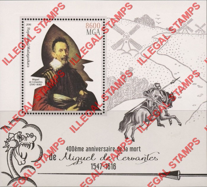 Madagascar 2016 Miguel de Cervantes Illegal Stamp Souvenir Sheet of 1 Madagascar 2016 Miguel de Cervantes Illegal Stamp Souvenir Sheet of 1