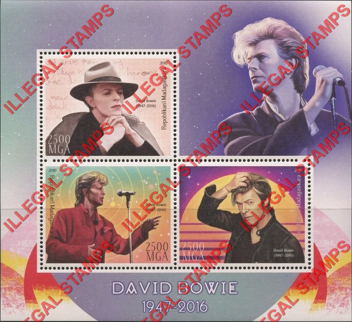 Madagascar 2016 David Bowie Illegal Stamp Souvenir Sheet of 3 Madagascar 2016 David Bowie Illegal Stamp Souvenir Sheet of 3