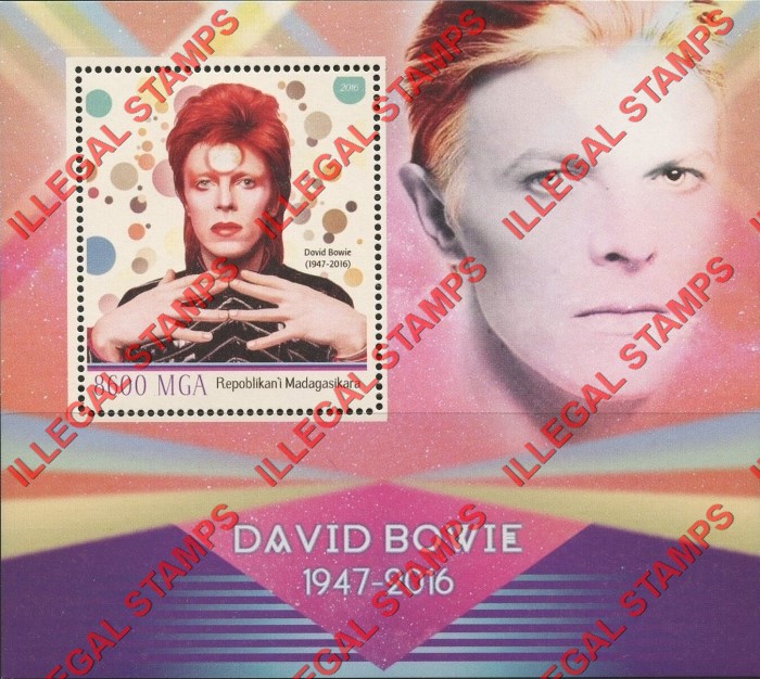 Madagascar 2016 David Bowie Illegal Stamp Souvenir Sheet of 1 Madagascar 2016 David Bowie Illegal Stamp Souvenir Sheet of 1