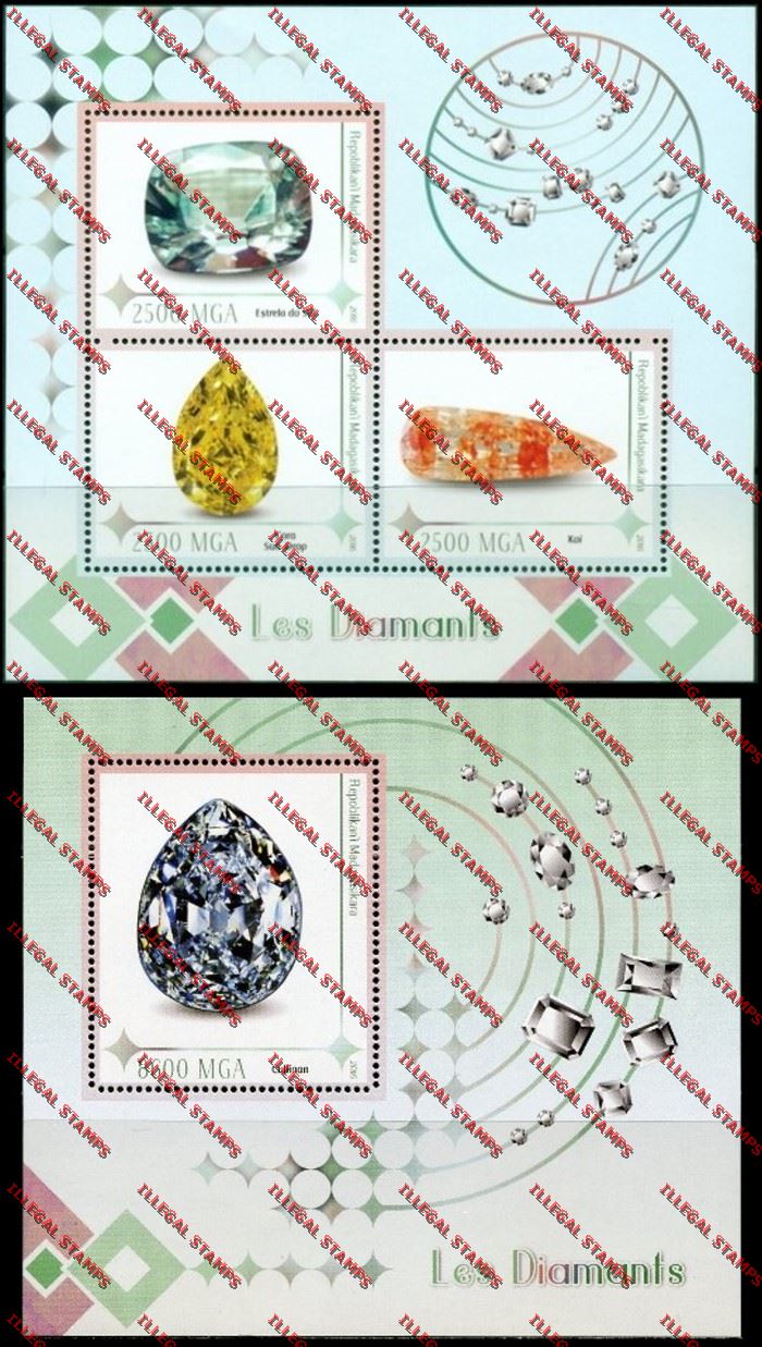 Madagascar 2016 Diamonds Illegal Stamp Souvenir Sheets of 3 and 1 Madagascar 2016 Diamonds Illegal Stamp Souvenir Sheets of 3 and 1