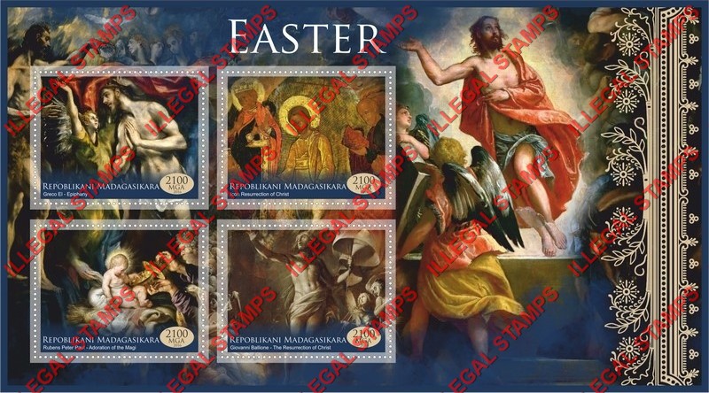 Madagascar 2016 Easter Paintings Illegal Stamp Souvenir Sheet of 4 Madagascar 2016 Easter Paintings Illegal Stamp Souvenir Sheet of 4