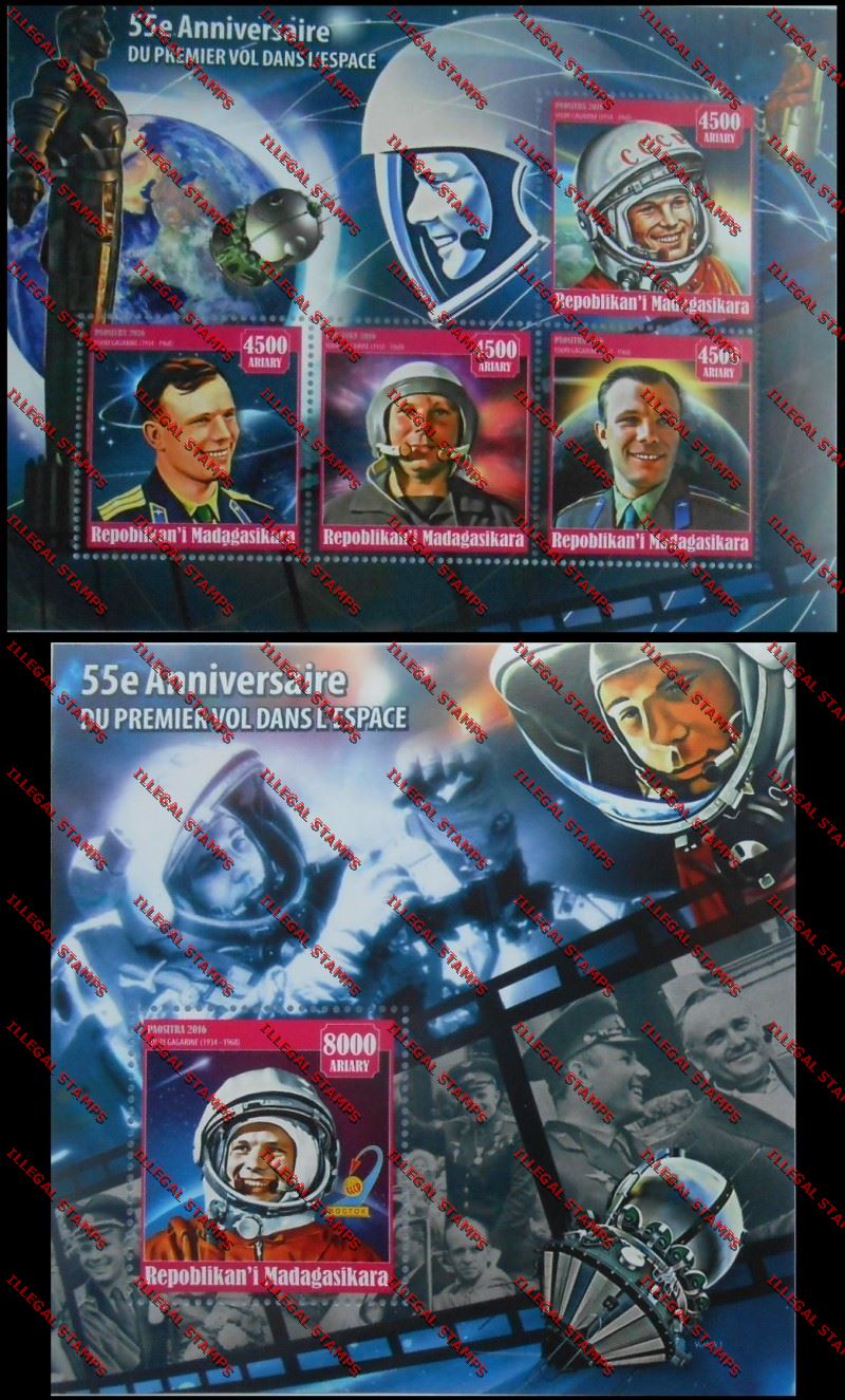 Madagascar 2016 55th Anniversary of the First Flight in Space Illegal Stamp Souvenir Sheets of 4 and 1 Madagascar 2016 55th Anniversary of the First Flight in Space Illegal Stamp Souvenir Sheets of 4 and 1