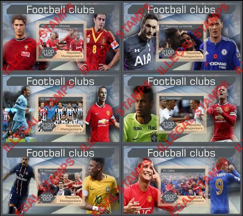 Madagascar 2016 Football Clubs Illegal Stamp Souvenir Sheets of 1 Madagascar 2016 Football Clubs Illegal Stamp Souvenir Sheets of 1