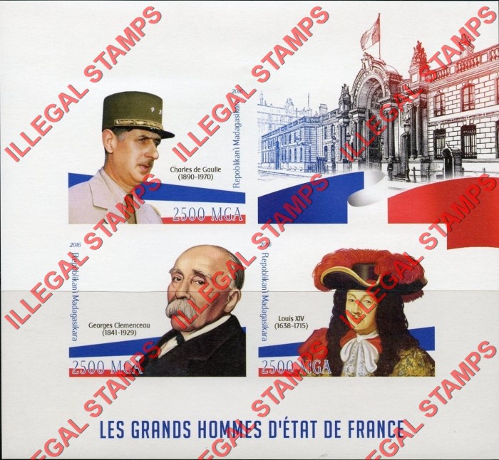 Madagascar 2016 French Leaders Illegal Stamp Souvenir Sheet of 3 Madagascar 2016 French Leaders Illegal Stamp Souvenir Sheet of 3