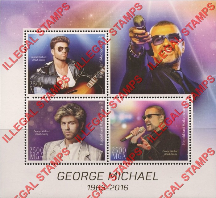 Madagascar 2016 George Michael Illegal Stamp Souvenir Sheet of 3 Madagascar 2016 George Michael Illegal Stamp Souvenir Sheet of 3