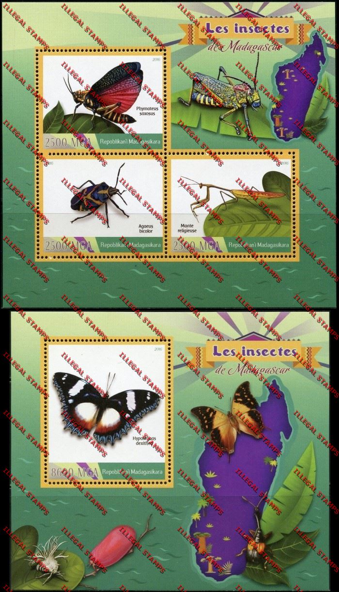 Madagascar 2016 Insects Illegal Stamp Souvenir Sheets of 3 and 1 Madagascar 2016 Insects Illegal Stamp Souvenir Sheets of 3 and 1