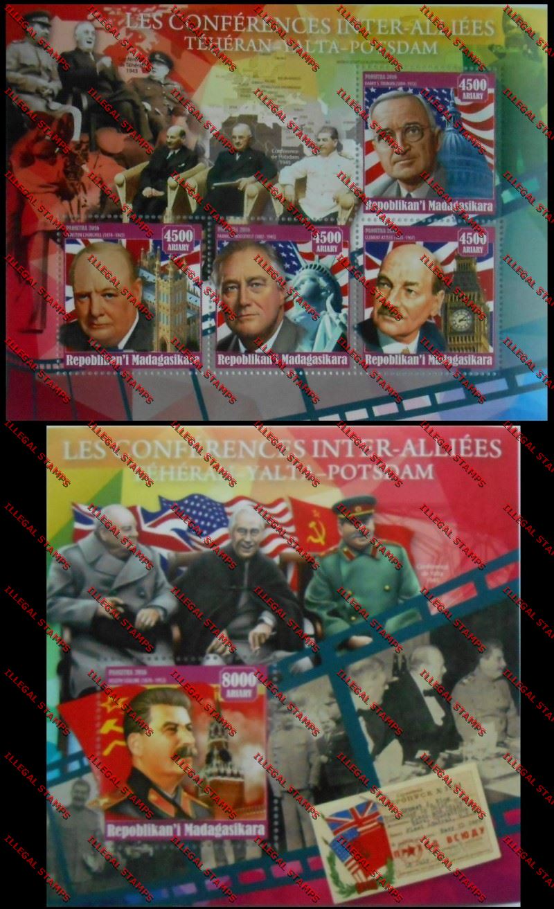Madagascar 2016 Inter-allied Conferences Illegal Stamp Souvenir Sheets of 4 and 1 Madagascar 2016 Inter-allied Conferences Illegal Stamp Souvenir Sheets of 4 and 1