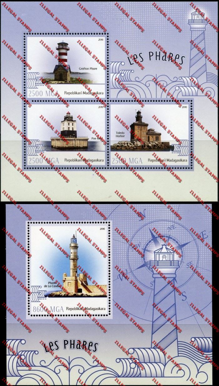 Madagascar 2016 Lighthouses Illegal Stamp Souvenir Sheets of 3 and 1 Madagascar 2016 Lighthouses Illegal Stamp Souvenir Sheets of 3 and 1