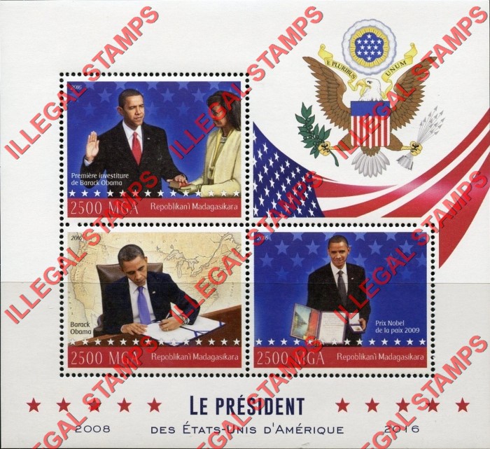 Madagascar 2016 Barack Obama Illegal Stamp Souvenir Sheet of 3 Madagascar 2016 Barack Obama Illegal Stamp Souvenir Sheet of 3