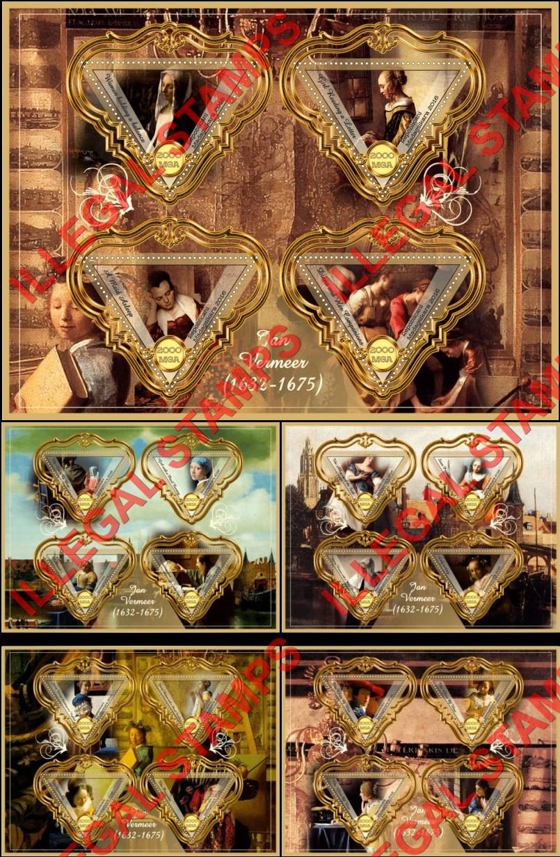 Madagascar 2016 Paintings by Jan Vermeer Illegal Stamp Souvenir Sheets of 4 Madagascar 2016 Paintings by Jan Vermeer Illegal Stamp Souvenir Sheets of 4