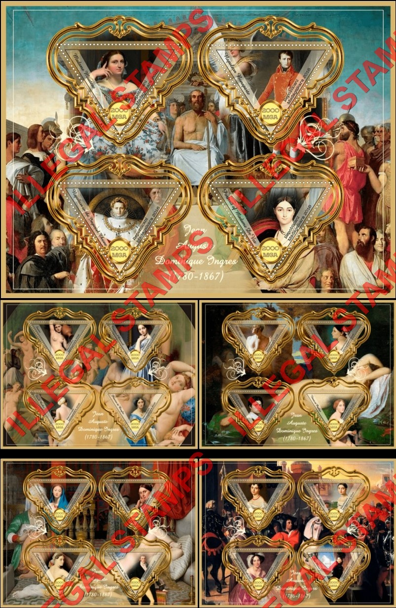 Madagascar 2016 Paintings by Jean Auguste Dominique Ingres Illegal Stamp Souvenir Sheets of 4 Madagascar 2016 Paintings by Jean Auguste Dominique Ingres Illegal Stamp Souvenir Sheets of 4