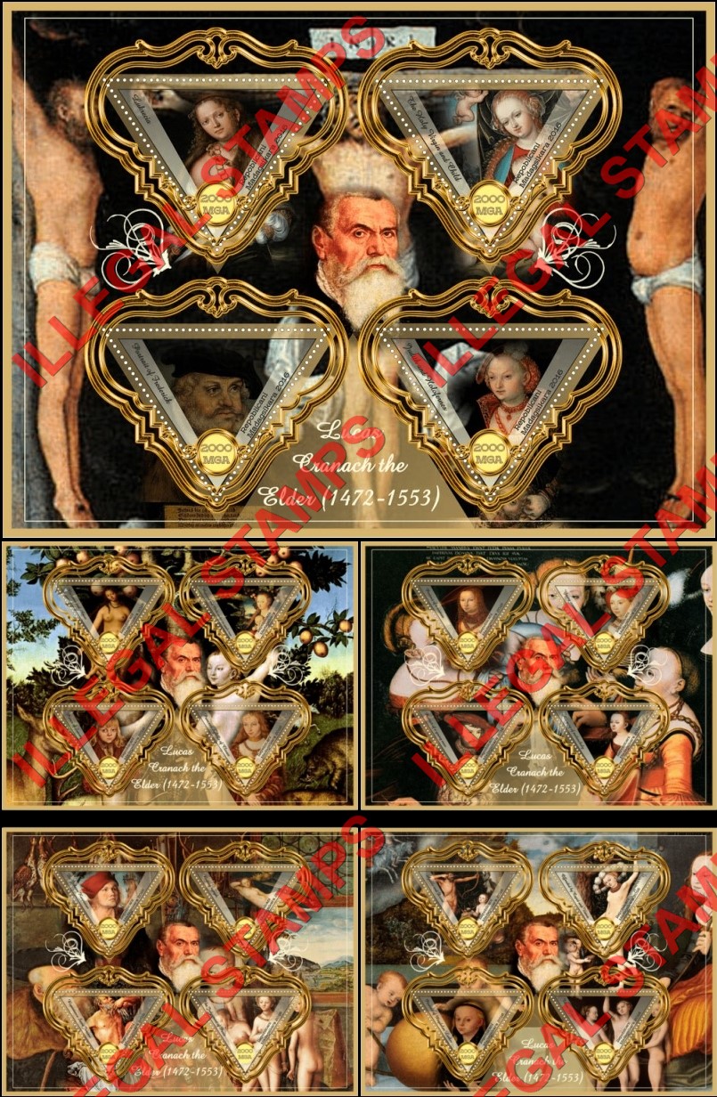 Madagascar 2016 Paintings by Lucas Cranach the Elder Illegal Stamp Souvenir Sheets of 4 Madagascar 2016 Paintings by Lucas Cranach the Elder Illegal Stamp Souvenir Sheets of 4