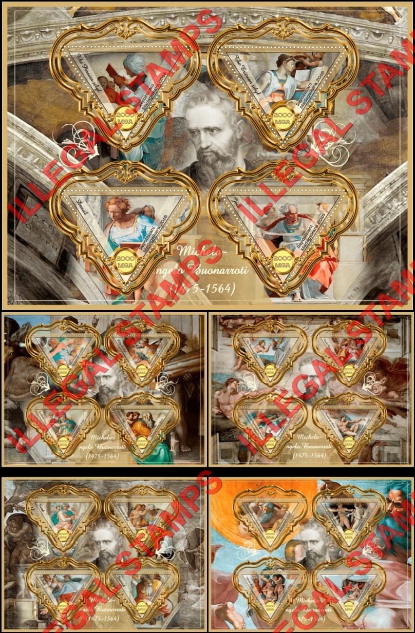 Madagascar 2016 Paintings by Michelangelo Buonarroti Illegal Stamp Souvenir Sheets of 4 Madagascar 2016 Paintings by Michelangelo Buonarroti Illegal Stamp Souvenir Sheets of 4