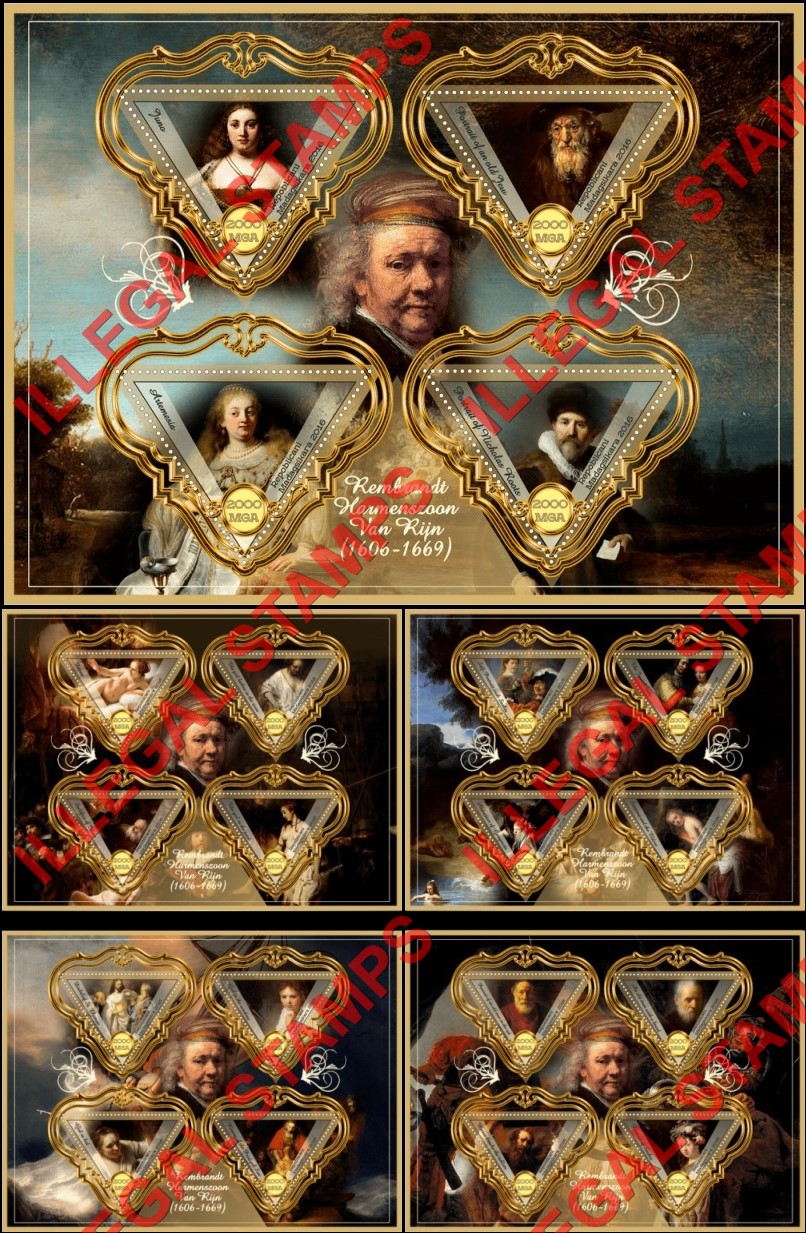 Madagascar 2016 Paintings by Rembrandt Harmenszoon Van Rijn Illegal Stamp Souvenir Sheets of 4 Madagascar 2016 Paintings by Rembrandt Harmenszoon Van Rijn Illegal Stamp Souvenir Sheets of 4