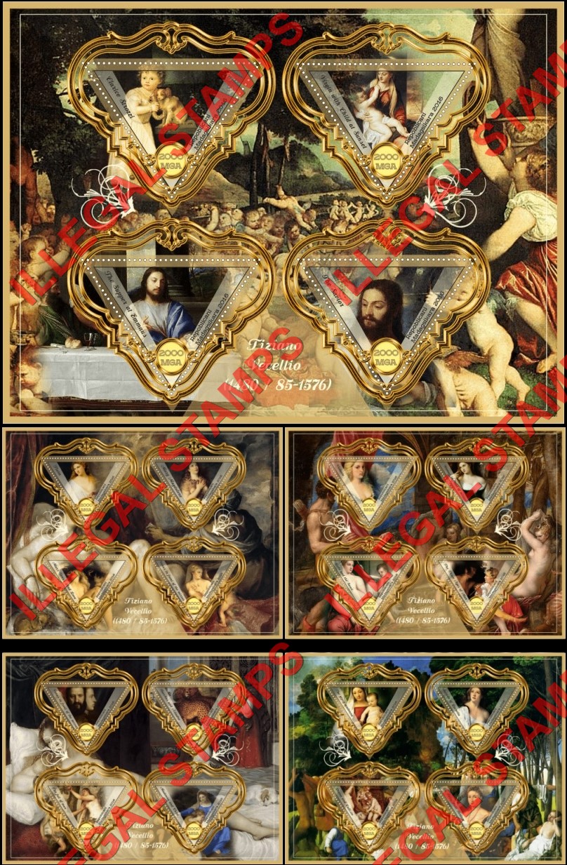 Madagascar 2016 Paintings by Tiziano Vecellio Illegal Stamp Souvenir Sheets of 4 Madagascar 2016 Paintings by Tiziano Vecellio Illegal Stamp Souvenir Sheets of 4