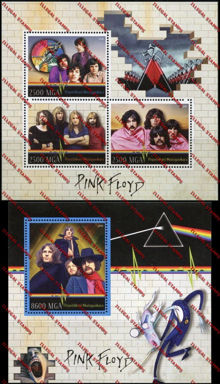 Madagascar 2016 Pink Floyd Illegal Stamp Souvenir Sheets of 3 and 1 Madagascar 2016 Pink Floyd Illegal Stamp Souvenir Sheets of 3 and 1