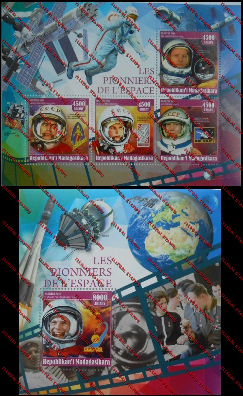 Madagascar 2016 The Pioneers of Space Illegal Stamp Souvenir Sheets of 4 and 1 Madagascar 2016 The Pioneers of Space Illegal Stamp Souvenir Sheets of 4 and 1