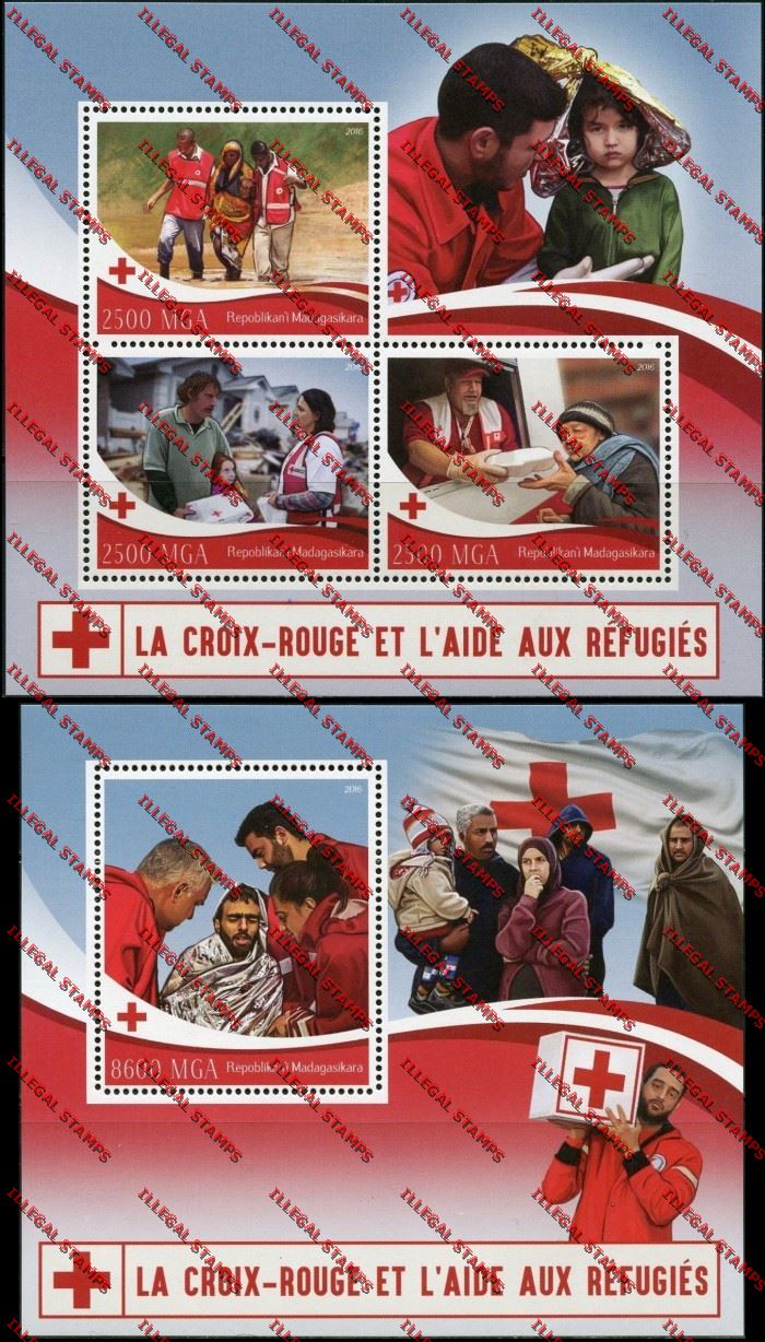 Madagascar 2016 The Red Cross and Aid to Refugees Illegal Stamp Souvenir Sheets of 3 and 1 Madagascar 2016 The Red Cross and Aid to Refugees Illegal Stamp Souvenir Sheets of 3 and 1