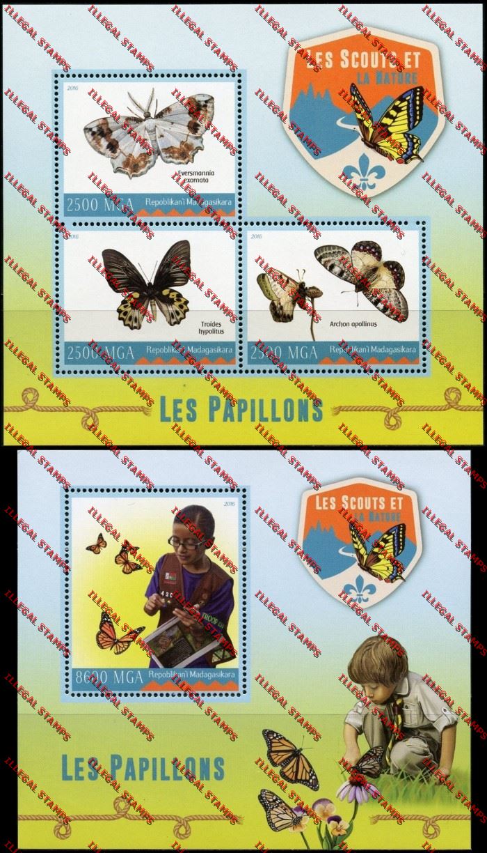 Madagascar 2016 Scouts and Nature Butterflies Illegal Stamp Souvenir Sheets of 3 and 1 Madagascar 2016 Scouts and Nature Butterflies Illegal Stamp Souvenir Sheets of 3 and 1