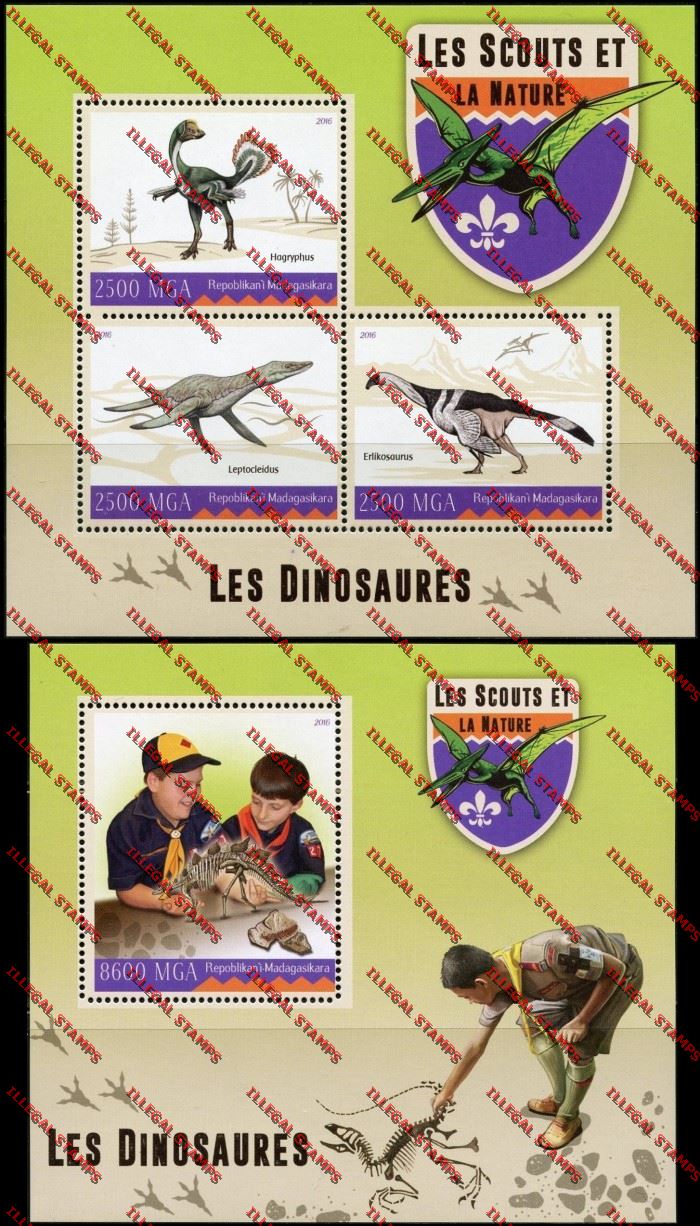 Madagascar 2016 Scouts and Nature Dinosaurs Illegal Stamp Souvenir Sheets of 3 and 1 Madagascar 2016 Scouts and Nature Dinosaurs Illegal Stamp Souvenir Sheets of 3 and 1
