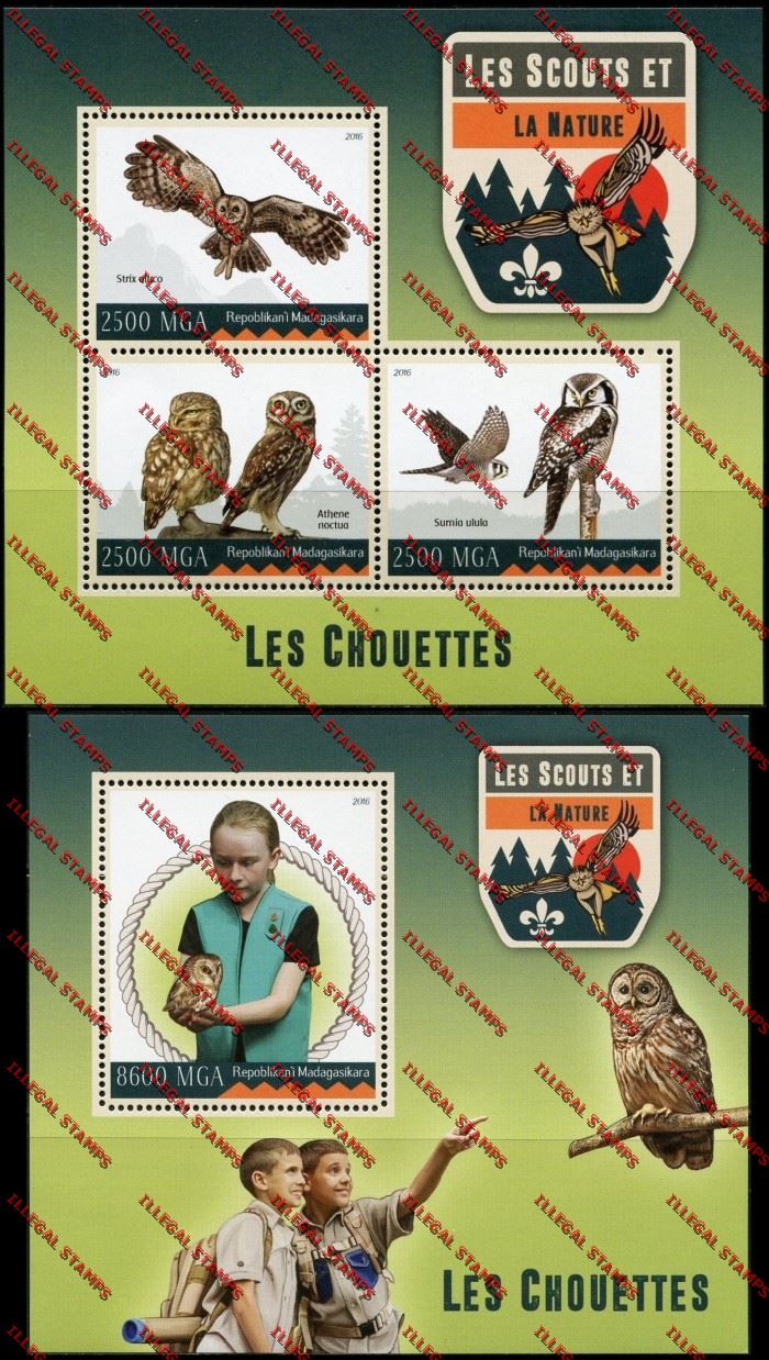 Madagascar 2016 Scouts and Nature Owls Illegal Stamp Souvenir Sheets of 3 and 1 Madagascar 2016 Scouts and Nature Owls Illegal Stamp Souvenir Sheets of 3 and 1