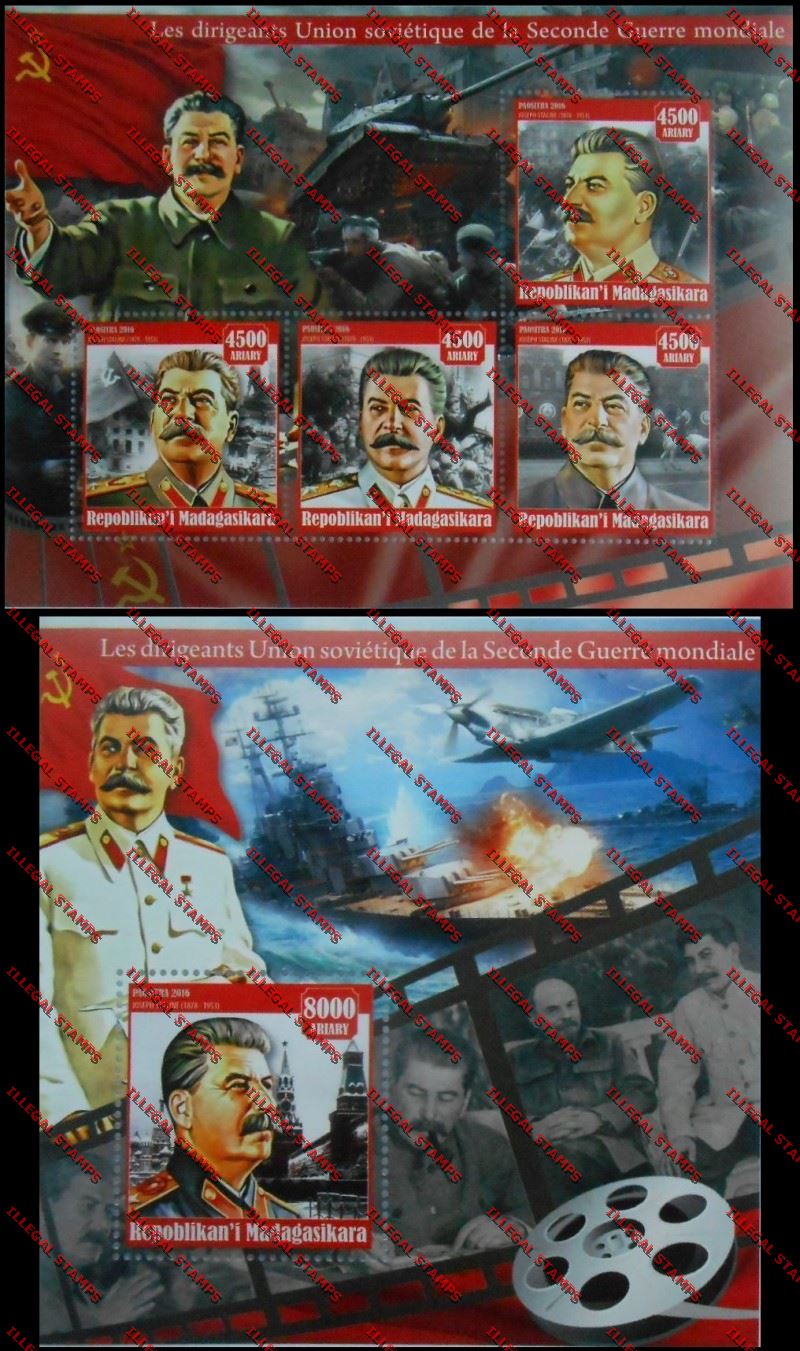 Madagascar 2016 The Soviet Union Leaders of the Second World War Illegal Stamp Souvenir Sheets of 4 and 1 Madagascar 2016 The Soviet Union Leaders of the Second World War Illegal Stamp Souvenir Sheets of 4 and 1