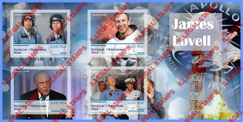 Madagascar 2016 Space Astronaut James Lovell Illegal Stamp Souvenir Sheet of 4 Madagascar 2016 Space Astronaut James Lovell Illegal Stamp Souvenir Sheet of 4