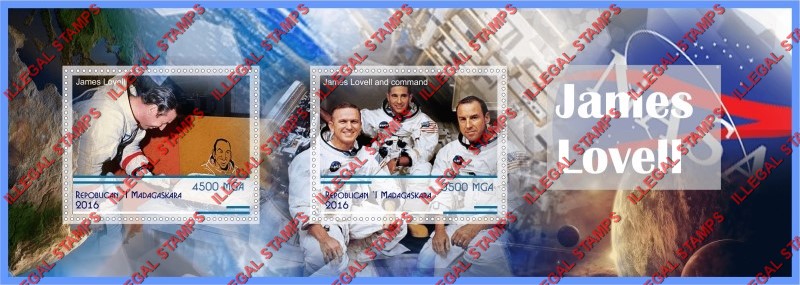 Madagascar 2016 Space Astronaut James Lovell Illegal Stamp Souvenir Sheet of 2 Madagascar 2016 Space Astronaut James Lovell Illegal Stamp Souvenir Sheet of 2