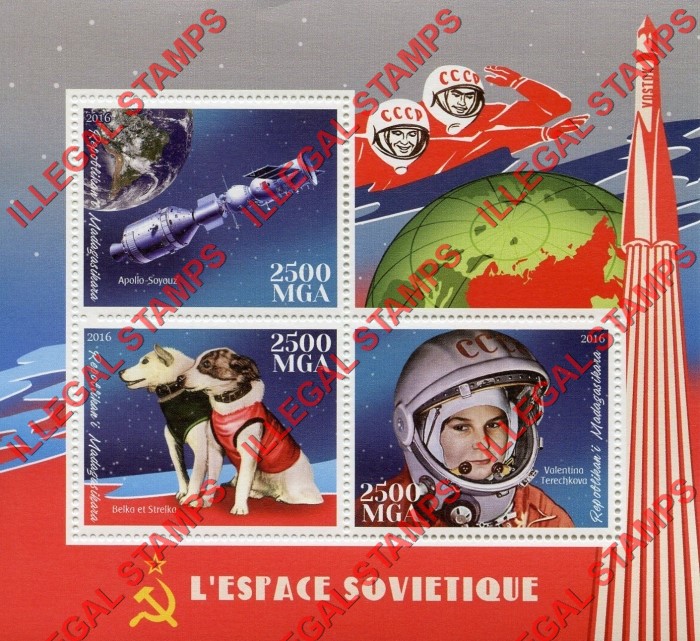 Madagascar 2016 Soviets in Space Illegal Stamp Souvenir Sheet of 3 Madagascar 2016 Soviets in Space Illegal Stamp Souvenir Sheet of 3