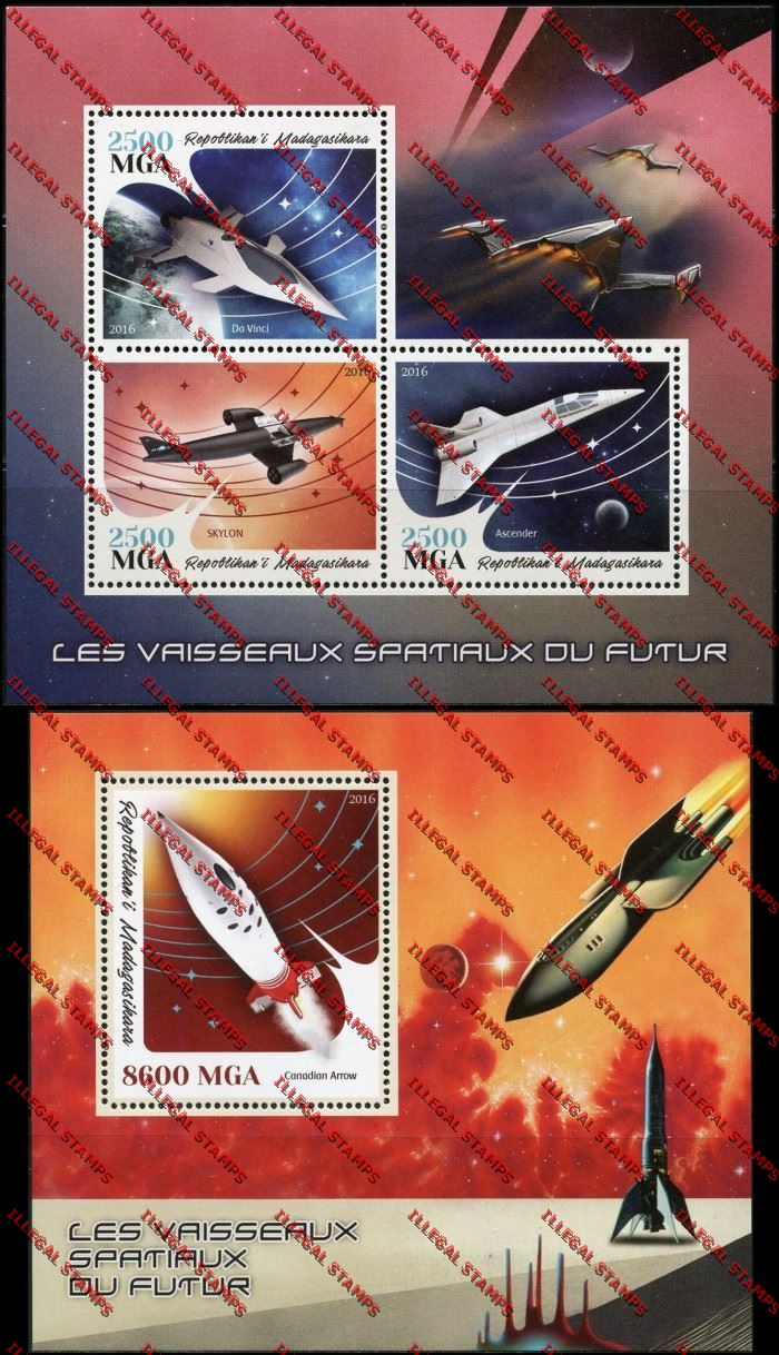 Madagascar 2016 Spacecraft of the Future Illegal Stamp Souvenir Sheets of 3 and 1 Madagascar 2016 Spacecraft of the Future Illegal Stamp Souvenir Sheets of 3 and 1