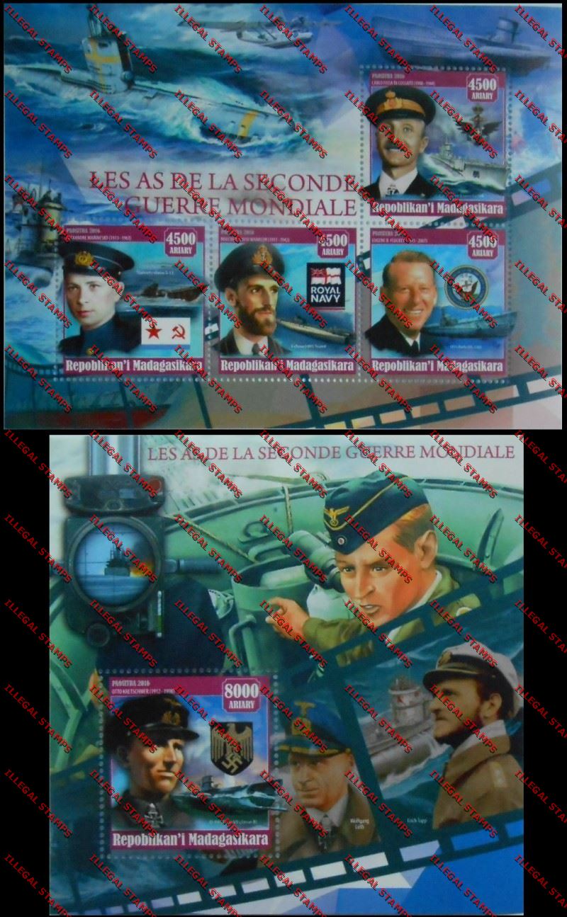 Madagascar 2016 The Submarine Aces of the Second World War Illegal Stamp Souvenir Sheets of 4 and 1 Madagascar 2016 The Submarine Aces of the Second World War Illegal Stamp Souvenir Sheets of 4 and 1
