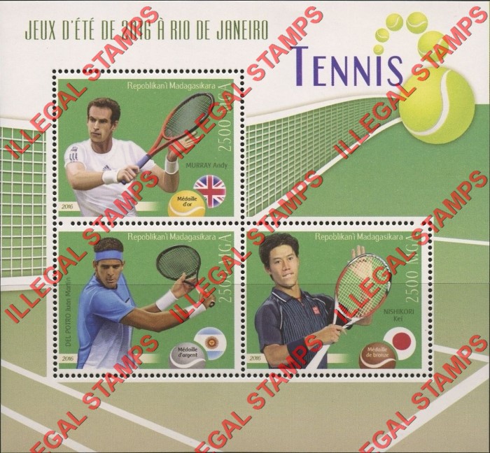 Madagascar 2016 Summer Olympics Tennis Illegal Stamp Souvenir Sheet of 3 Madagascar 2016 Summer Olympics Tennis Illegal Stamp Souvenir Sheet of 3
