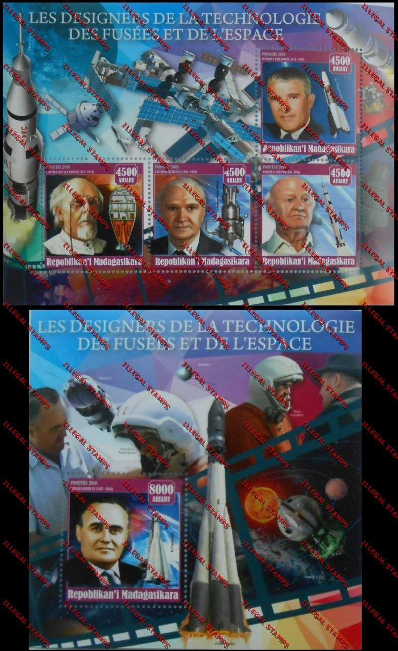 Madagascar 2016 The Designers of the Technology used in Space Illegal Stamp Souvenir Sheets of 4 and 1 Madagascar 2016 The Designers of the Technology used in Space Illegal Stamp Souvenir Sheets of 4 and 1