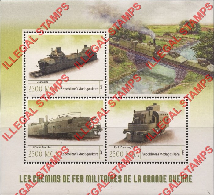 Madagascar 2016 Military Trains Illegal Stamp Souvenir Sheet of 3 Madagascar 2016 Military Trains Illegal Stamp Souvenir Sheet of 3