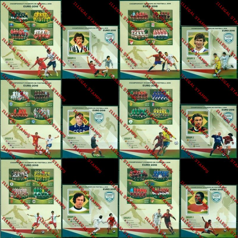 Madagascar 2016 World Cup Soccer Championship Illegal Stamp Souvenir Sheets of 4 and 1 Madagascar 2016 World Cup Soccer Championship Illegal Stamp Souvenir Sheets of 4 and 1