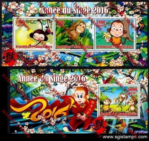 Madagascar 2016 Year of the Monkey Illegal Stamp Souvenir Sheets of 3 and 1 Madagascar 2016 Year of the Monkey Illegal Stamp Souvenir Sheets of 3 and 1