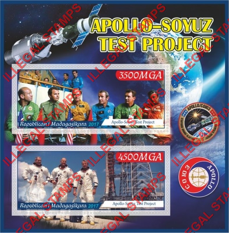 Madagascar 2017 Apollo Soyuz Test Project Illegal Stamp Souvenir Sheet of 2 Madagascar 2017 Apollo Soyuz Test Project Illegal Stamp Souvenir Sheet of 2