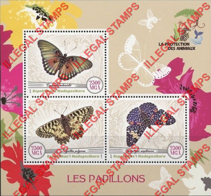 Madagascar 2017 Butterflies Illegal Stamp Souvenir Sheet of 3 Madagascar 2017 Butterflies Illegal Stamp Souvenir Sheet of 3
