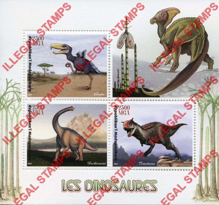 Madagascar 2017 Dinosaurs Illegal Stamp Souvenir Sheet of 3 Madagascar 2017 Dinosaurs Illegal Stamp Souvenir Sheet of 3